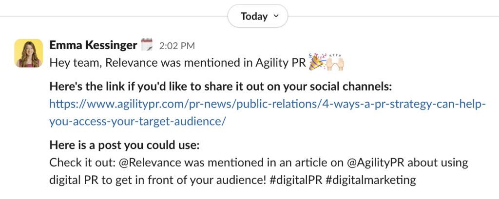an example of sharing an earned media mention on slack