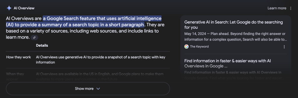 Google AI Overview example of generative engine optimization 